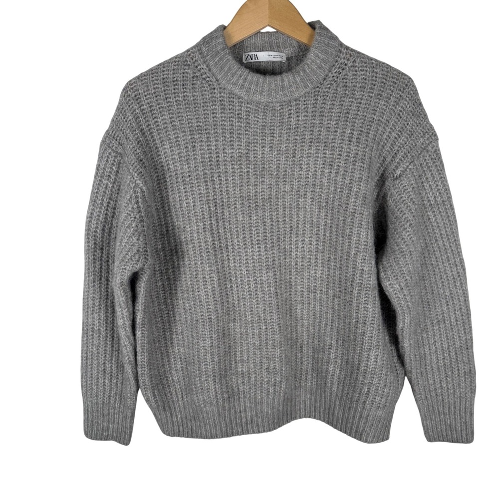 Zara Chunky Shaker Knit Crew Neck Sweater Womens M Grey Ribbed Relaxed Fit - Picture 2 of 6